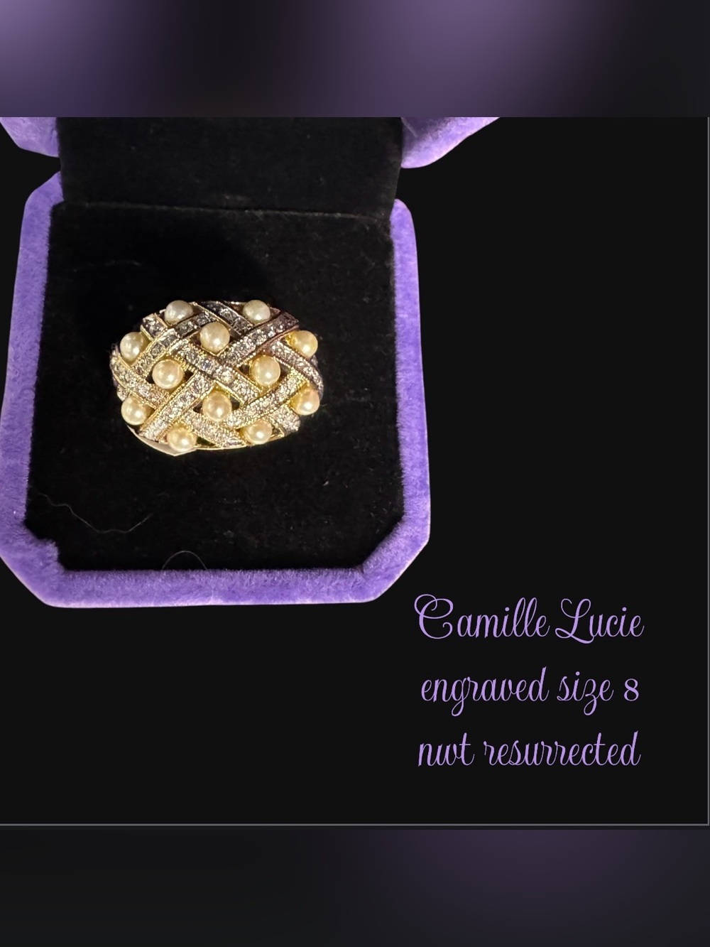 Camille Lucie Resurrected Pearl & Rhinestone Lattice Ring - NWT Size 8